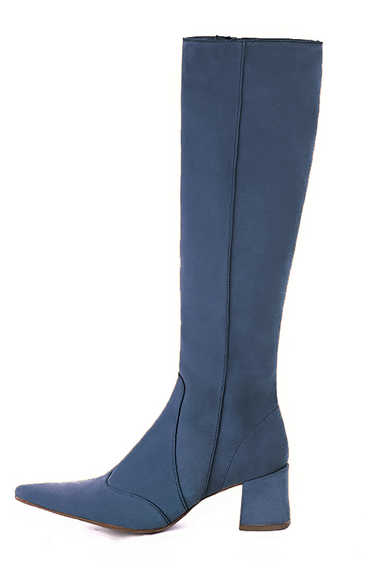 Denim blue women's feminine knee-high boots. Pointed toe. Medium block heels. Made to measure. Profile view - Florence KOOIJMAN